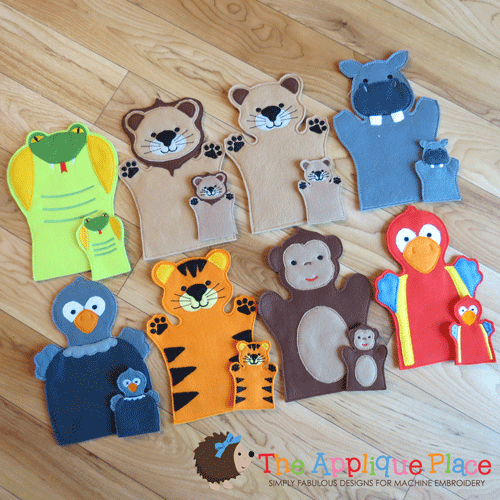Jungle Puppet Set Karilyn Doll-hippo, snake, lion, monkey, ostrich, parrot, tiger, puppet, hand, finger, ith, in the hoop, project, design, pattern, jungle, safari, zoo