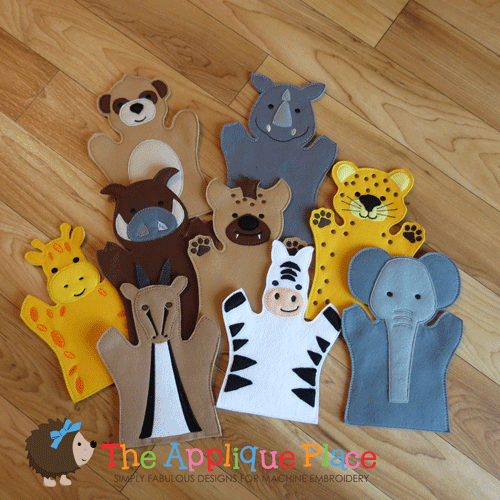 Safari Puppet Set Karilyn Doll-safari, puppet, warthog, pig, cheetah, elephant, gazelle, giraffe, hyena, meerkat, rhino, zebra, ith, in the hoop, project, design, pattern, jungle, finger
